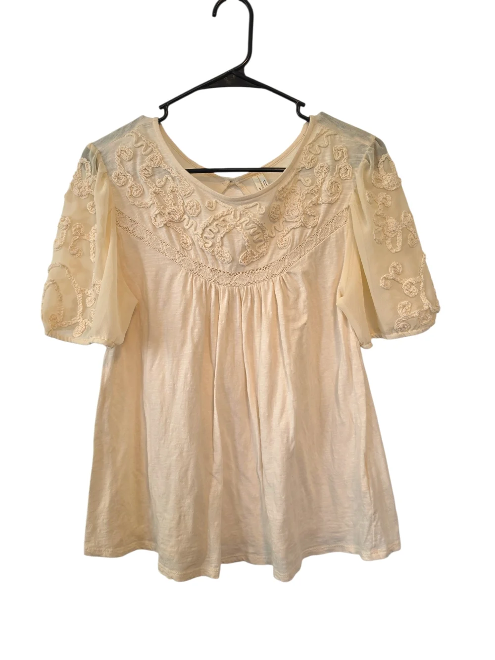 Anthropologie Delilah Blouse Cream Embroidered Puff-Sleeve Top Size Small